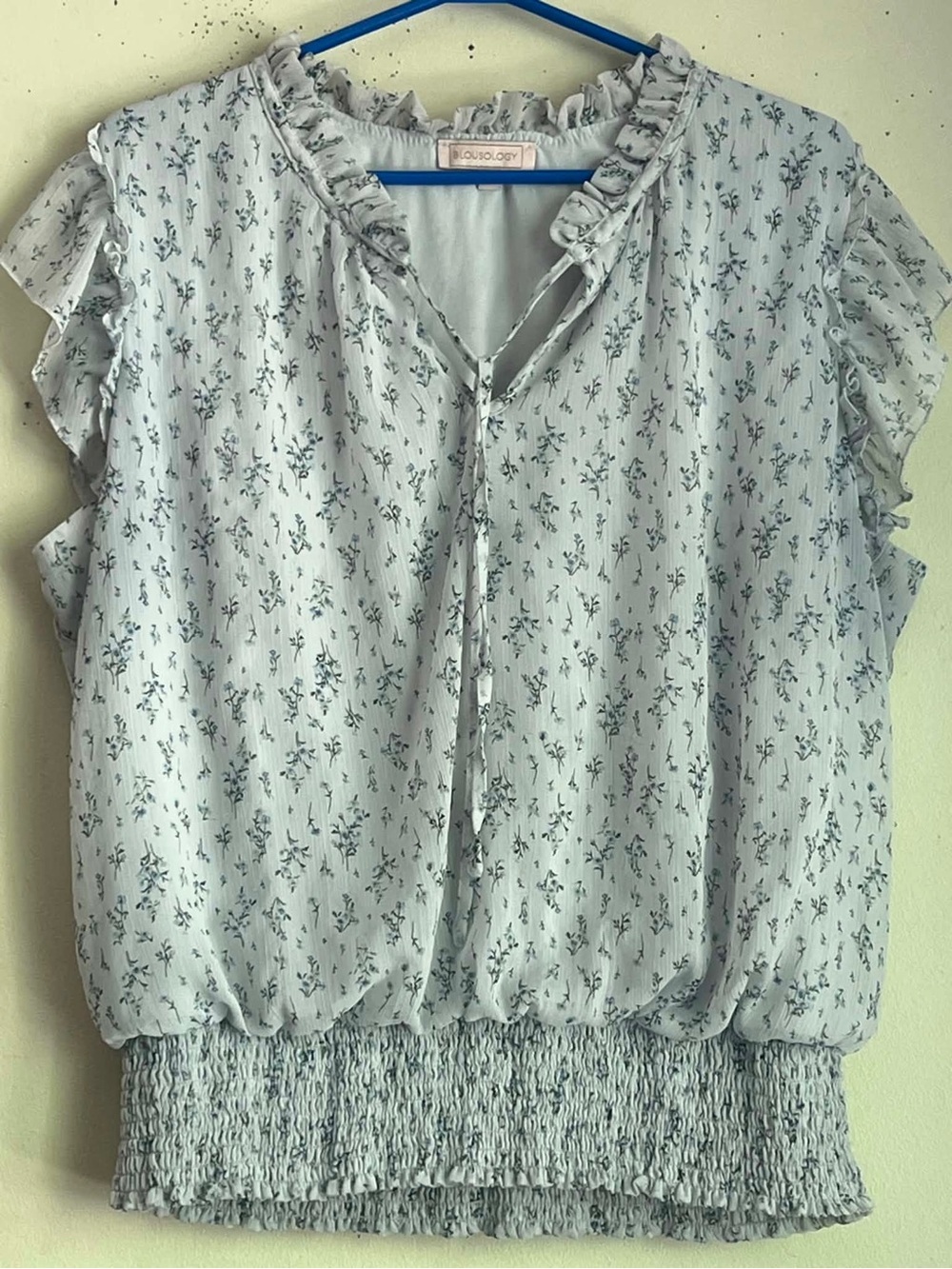 BLOUSOLOGY Light Blue Floral Ruffle Tie-Neck Blouse